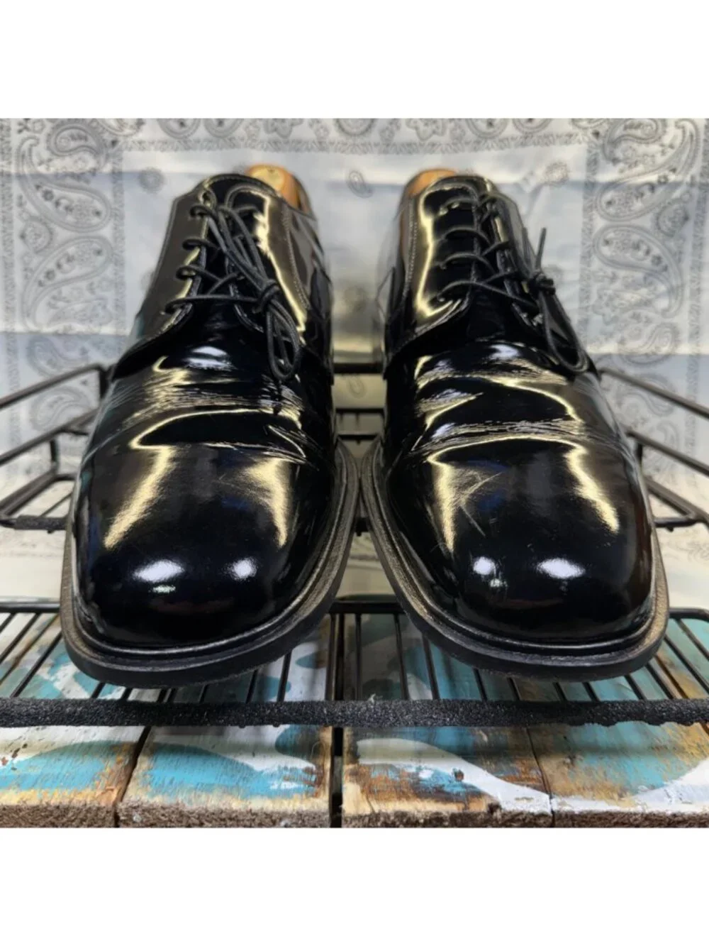 Johnston & Murphy Black Oxford Pat Leather Square Toe 15-1501Men 11.5 ITALY MADE